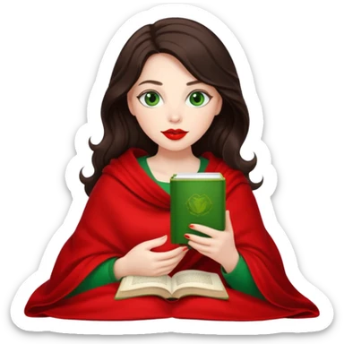 Long wavy dark brown haired, white skinned, dark big green eyed girl with red lipstick wrapped in a red blanket, sipping tea and reading a book sticker