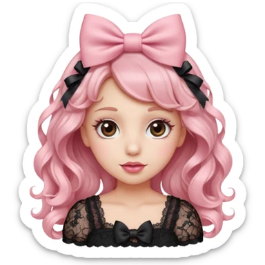 “Emoji girl, doe eyes, long fluttery lashes, soft pink blush, glossy rose lips, ribbon hair bow, romantic curls, wearing lace top.” sticker