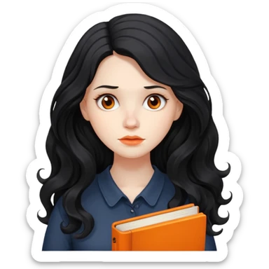 Long Hair Women with orrange Book, Black wavy hair, sad

 sticker