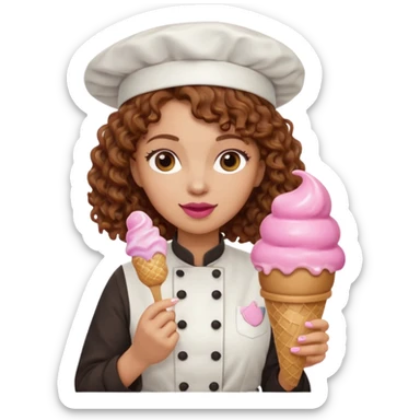 woman brown curly hair, chef, eating pink ice cream sticker