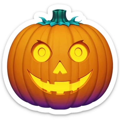 futuristic jack-o'-lantern face emoji, purple and cyan colors only, dark background sticker
