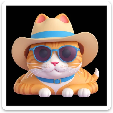 a cat in a summer panama hat with large brim, wearing sunglasses, lying on its stomach with its head resting on the ground sticker