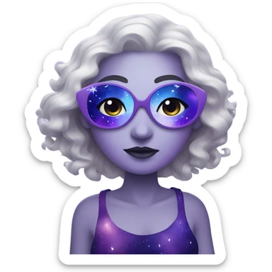 white-skinned mystical woman with white skin with sparkling galaxy hair with moon and stars in purple and blue shades sticker