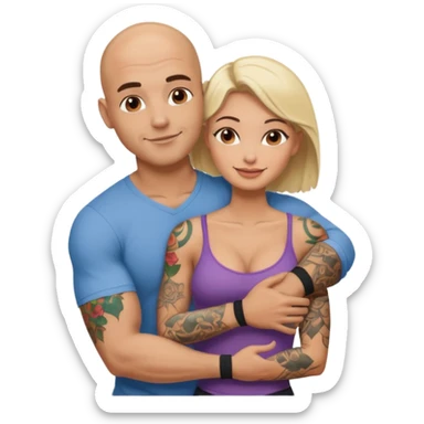 throuple tattooed sleeves bbald male with topless naked big boobed brunette and topless naked big boobed blonde girlfriends  loving  and sexy polygamy sticker