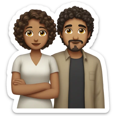 Hispanic girl with fair skin, hazel eyes and dark wavy hair side hugging Arab boy with medium curly hair and a small mustache and goatee sticker