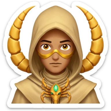 desert sand mage portrait, head and shoulders only, scorpion-themed hood, golden desert jewelry, swirling sand aura, glowing eyes, fantasy vibe, 3D cartoon, mobile game icon style, clean background, no text, no watermark
 sticker