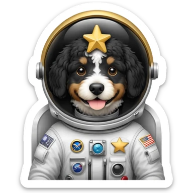 a black and white bernedoodle dog that is an astronaut holding a gold star sticker
