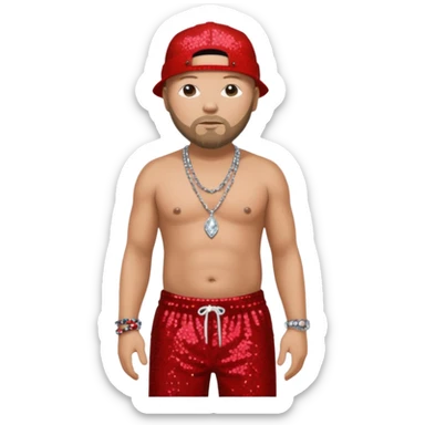 Fred Durst with red sequin baggy pants, shirtless with necklace sticker