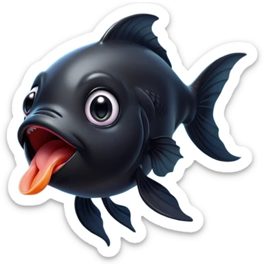 Cinematic Cute Yawning Black Goldfish Portrait Emoji, Head tilted slightly with a dramatic, wide-open yawn, showcasing a smooth, deep black body with elegant, flowing fins, eyes barely open in drowsy contentment, Simplified yet irresistibly adorable features, highly detailed, glowing with a soft, cozy glow, high shine, relaxed yet expressive, stylized with a touch of whimsy, bright and endearing, soft glowing outline, capturing the essence of a sleepy yet affectionate goldfish, so drowsy it feels like it could float out of the screen and curl up for a nap! sticker