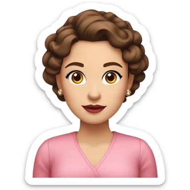 She is white, she has soft features, fair skin, and almond-shaped eyes. Her defined eyebrows and natural pink lips frame her face. Her dark, wavy hair is partially tied back, giving her an elegant yet relaxed look. She wears a luxurious red V-neck dress.
 sticker