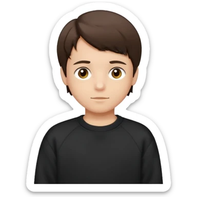 A brunette boy, short straight hair, light brown eyes, with a black sweatshirt sticker
