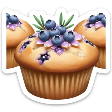 Lavender flower sprigs on a muffin with blueberries and sugar crystals without frosting  sticker
