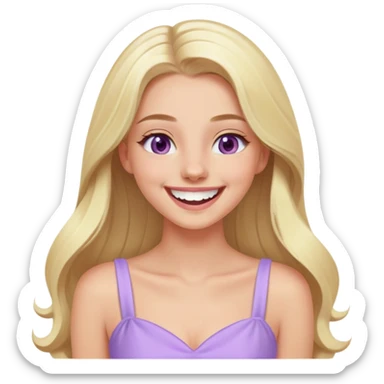 laughing blonde model, hazel eyes, sleek long hair, pastel purple dress sticker