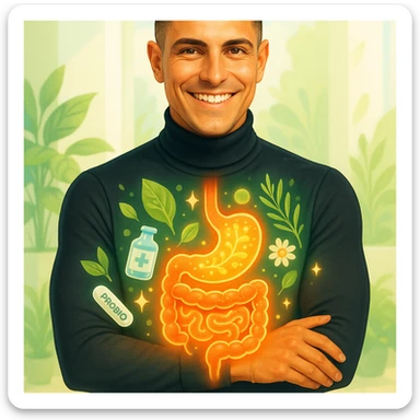 Create a realistic or wellness-illustration style image of a fit and healthy 30-year-old man inspired by the reference image. He is smiling confidently with a glowing transparent overlay showing a clean and healthy intestine. The digestive tract appears smooth, balanced, and vibrant, surrounded by symbols of gut health like leafy greens, probiotics, or natural elements. The background is clean and bright, resembling a wellness clinic, nature, or minimal design, with vibrant lighting and a positive health-focused tone. sticker