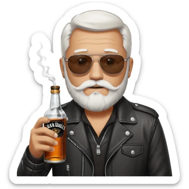 Un motero de perilla blanca, gafas oscuras chupa de cuero y bebiendo de una botella de Jack Daniel's. sticker