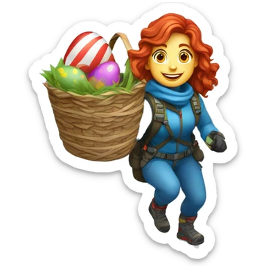 Female winter mountain climber red wavy hair climbing with Greek flag on backpack and holding Easter eggs basket sticker