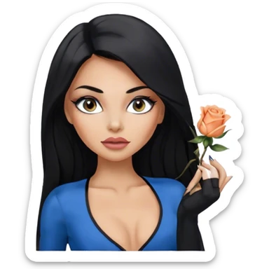 Glamours, tanned, very beautiful girl, with big pump peach-beige-rose lips, eyeliner, long long lashes, black straight smooth silky long hair, straight parting hair, blue-grey eyes, in totally black bodysuit  sticker