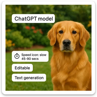 Move the 'ChatGPT model' title to the top of the image and place the rest of the tags ('Speed icon: slow 45-90 secs', 'Editable', 'Text generation', 'New') at the bottom. Use a golden retriever in a garden as the image background, seamless website style. sticker