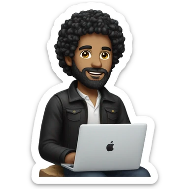 man with a lot of black curly hair with trimmed black beard and white skin + macbook pro sticker