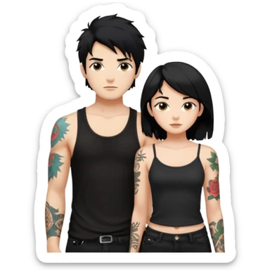 generate a fair boy with messy black hair, tattoos. standing beside a fair black haired girl wearing a black cami top. sticker