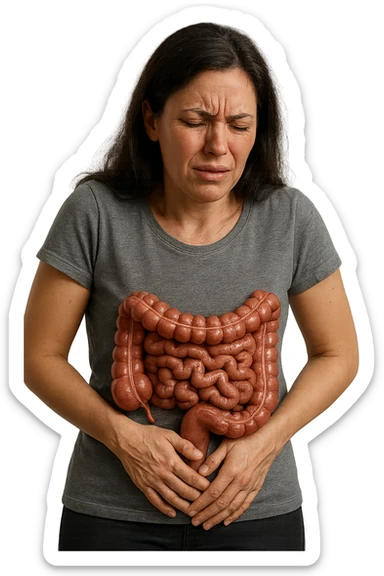 DONNA CON INTESTINO ANATOMICO REALISTICO IN EVIDENZA E MAL DI PANCIA, IPERREALISTICO 4K sticker