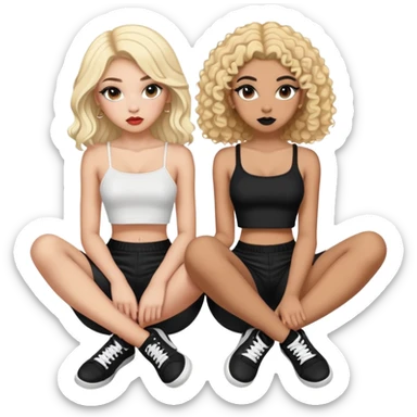 Full body of two teenage girls sitting together, one white with straight blonde hair and one brown-skinned with curly black hair, both with heavy makeup, big lips, crop tops and choni style clothing sticker