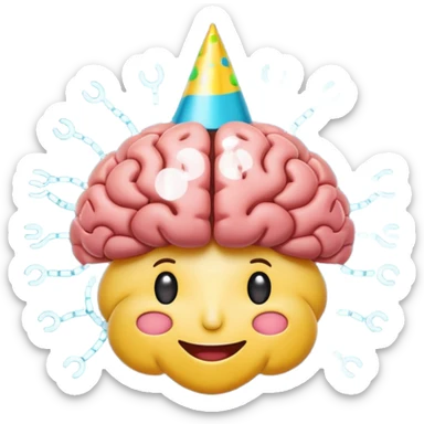 whimsical 2D cartoon emoji of a brain with digital circuit patterns and a happy face, wearing a party hat, to show AI involvement in a playful manner, in the style of standard Slack emojis sticker