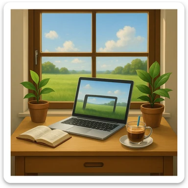 A laptop facing the front with an open window showing outdoor grass and sky, in the style of the reference image. sticker