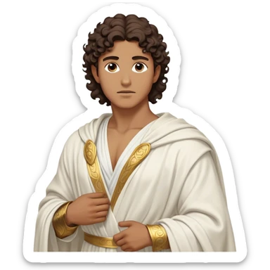 Cinematic Realistic Hercules Portrait, depicted as a classical Greek hero inspired by the Disney version yet echoing the refined proportions and serene dignity of Michelangelo's David. His idealized, tan skin glows with timeless strength, and his thick, curly wavy dark brownhair falls in natural, sculpted curls. Draped in a flowing white robe with delicate golden accents, his expressive eyes radiate determined nobility, all rendered under dynamic natural lighting with a mythic, radiant glow. sticker