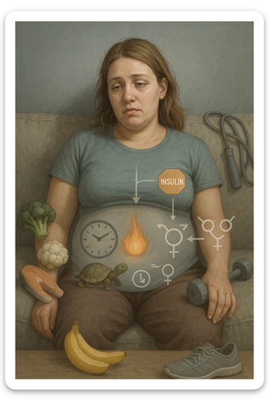 Donna tra i 25 e i 35 anni con fisico leggermente gonfio e postura affaticata, seduta con sguardo stanco. In trasparenza sul suo corpo, si vedono elementi simbolici: una fiamma metabolica molto piccola nel centro dell’addome, una tartaruga accanto a un simbolo di orologio rallentato, indicatori visivi di insulino-resistenza e squilibri ormonali. Intorno a lei: cibo sano non digerito bene, attività fisica poco efficace. Colori spenti attorno al corpo, con toni freddi e lentezza visiva. Stile realistico con elementi infografici e simbolici integrati sticker