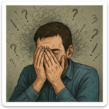Realistic or illustrative style image of a 30-year-old man suffering from anxiety, inspired by the reference image. The man has hands covering his face with tears in his eyes. The background shows graphic signs of chaotic thoughts, conveying an atmosphere of despair. sticker