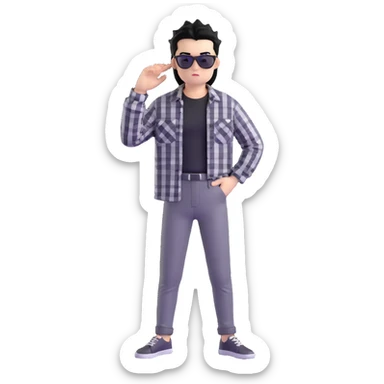Satoru Gojo from Jujutsu Kaisen with spiky black hair, wearing black and white checkered shirt, black pants, confident expression, sunglasses on top of head sticker