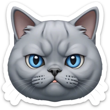 Cinematic Comical Grey British Shorthair Cat Portrait Emoji, Head tilted with a scrunched, grumpy expression, sleek soft grey fur with subtle blue undertones, Simplified yet sharp features, highly detailed, glowing with a slightly sarcastic glow, high shine, poised but with a comically displeased demeanor, stylized with an air of playful disdain, focused yet unimpressed, soft glowing outline, capturing the essence of a grumpy yet endearing kitty, so lifelike it feels like it could give you an exaggerated sigh and a disapproving stare at any moment! sticker