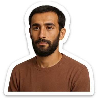 A Tajik man with a slender build, oval face, broad forehead, straight nose, expressive brown eyes, thick eyebrows, dark straight hair, warm-toned skin, and a bigger, neatly kept beard sticker