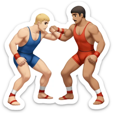 An icon symbolizing Greco-Roman wrestling, showing two wrestlers locked in a powerful grip, focusing on upper-body techniques. The background features a wrestling mat, with the athletes wearing traditional singlets. Transparent background highlights the strength and skill of the sport. sticker