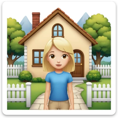 a blonde girl standing outside a small cute home sticker