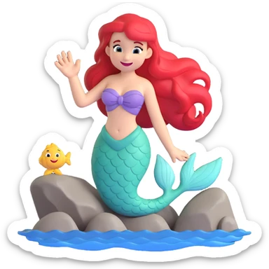 the little mermaid, smiling and waving from a rock sticker