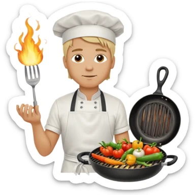 man with tied blond hair and and a white apron grilling vegetables on a sizzling grill sticker