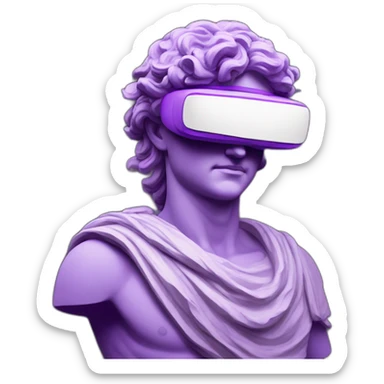 an EMOJI OF A ancient young greek statue, wearing VR headset, purple colors, DIGITAL UNIVERSE sticker