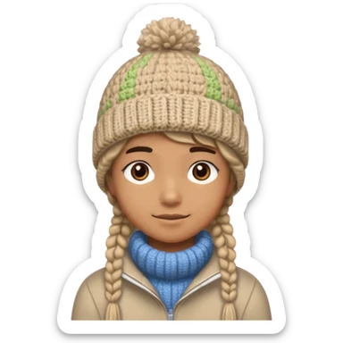 high school student wearing a crochetted winter hat. the hat should be an oatmeal color and texture with no pompom. make one a boy and one a girl sticker