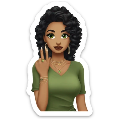 Glamorous, streetwear, black hair, long wavy hair, olive skin, green almond eyes, winged eyeliner with big lashes, wearing hooped earrings, rings and bracelets, almond fake nails sticker