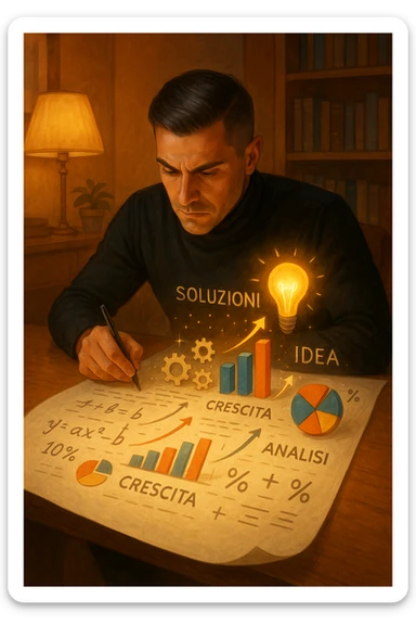 Un uomo concentrato, seduto alla sua scrivania in una stanza con luce calda, sta scrivendo su un enorme foglio di carta che si espande magicamente davanti a lui. Mentre scrive, le parole si trasformano in elementi visivi tridimensionali che rappresentano le soluzioni ai suoi problemi in italiano sticker