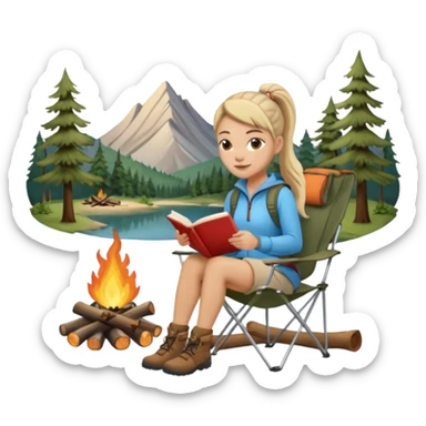 A pony tail hair woman journaling on a camping chair, enjoying the quiet nature scene beside a campfire sticker
