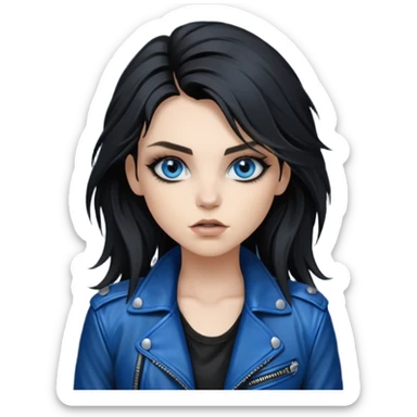 
 rockstar girl with long total black disheveled hair, blue eyes, Smokey eyes rockstar grunge makeup, rocking  sticker