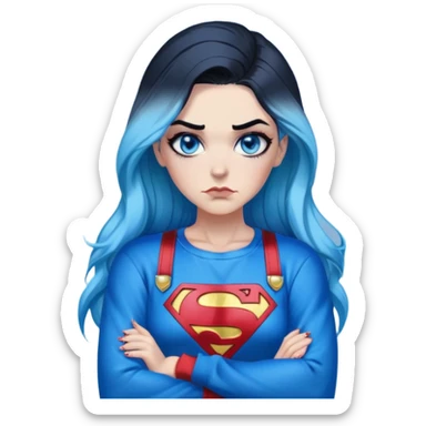 Female-Very tall-very very very large chest-really angry-arms crossed-very long straight flat black to sky blue hair ombre-blue eyes-black eyeliner-long eyelashes-iridescent superman sweatshirt with glitter superman logo-overalls-lip pierced sticker