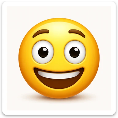 Create a yellow smiley face emoji with a similar facial expression to the reference image. It should have wide eyes, raised eyebrows, a big smile, and a shiny, smooth appearance. Add a soft shadow. The style should resemble the iOS emoji style. sticker