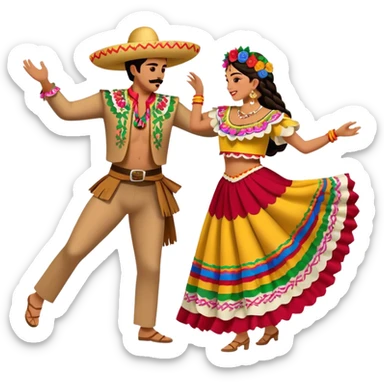 Cinematic Realistic scene of two performers dancing the Jarabe Tapatío, dressed in colorful traditional Mexican costumes with intricate embroidery, captured in energetic, festive motion with vibrant, celebratory lighting sticker
