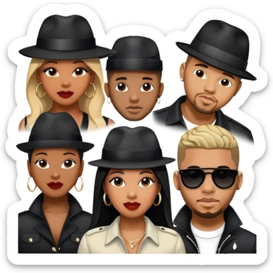 Icon for R&B Music: collage of R&B artists—Victoria Monét, Summer Walker, Usher, Chris Brown, and Muni Long. Each represented by a silhouette or symbolic item like a microphone, fedora, or music notes, reflecting the soul and energy of R&B. Transparent background. sticker