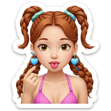 A cute ukrainian girl, looks slightly malaisain with full lips and long auburn hair in two plaited ponytails, has heart earrings in yellow and blue, and is wearing her pink bikini, she is blowing a kiss. sticker