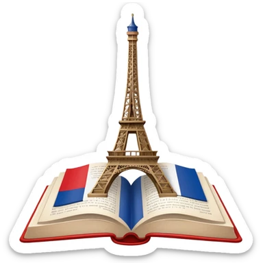 An icon featuring the Eiffel Tower and the flag of France, symbolizing the French language. The design includes an open book with French text, representing language learning and French culture. Transparent background highlights the elegance of the French-speaking world. sticker